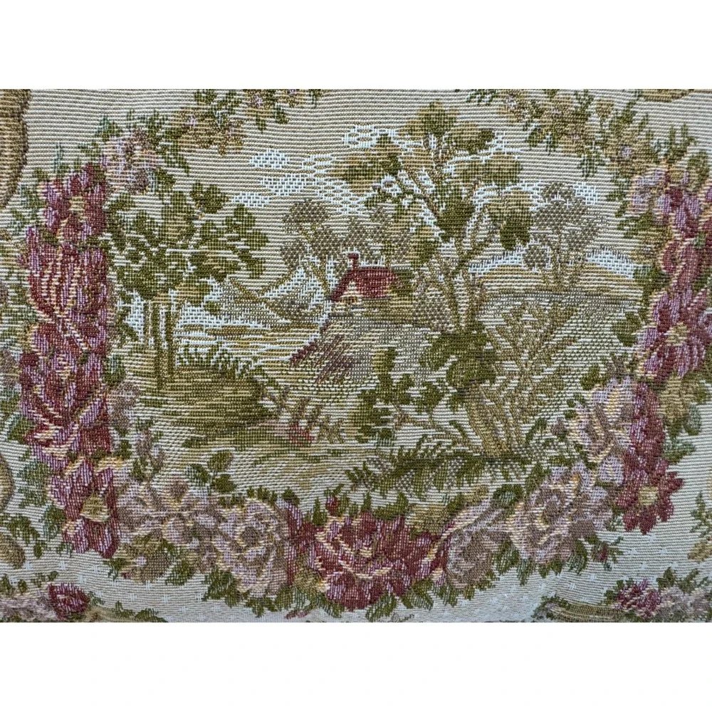 Vintage Floral Tapestry Throw Pillow Pastoral Cottage Scene Pink Roses 11x8.5